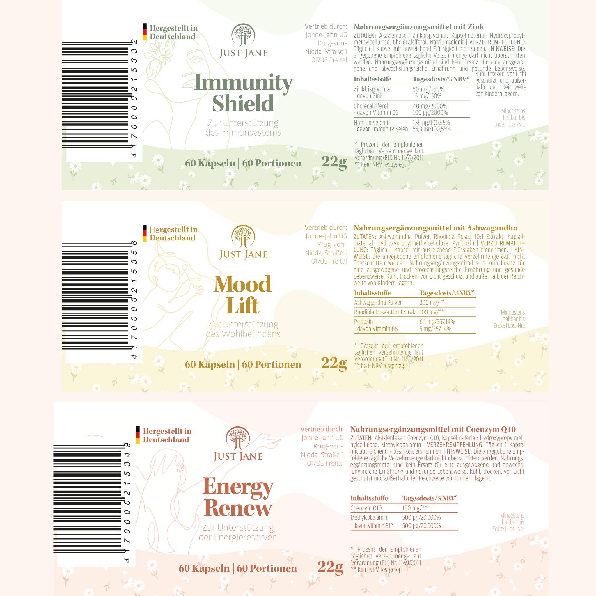 Produktetiketten zu Alltagsheldinnen Bundle - Immunity Shield, Mood Lift, Energy Renew