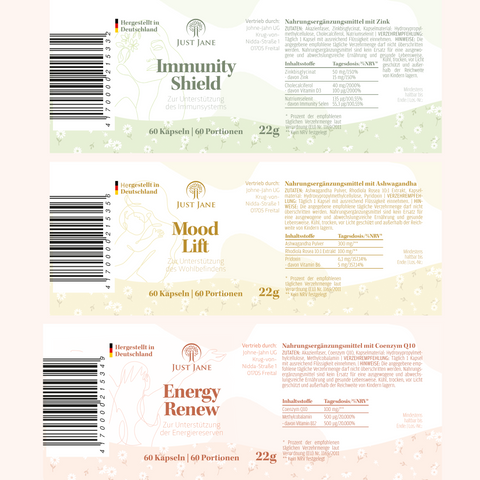 Produktetiketten zu Alltagsheldinnen Bundle - Immunity Shield, Mood Lift, Energy Renew